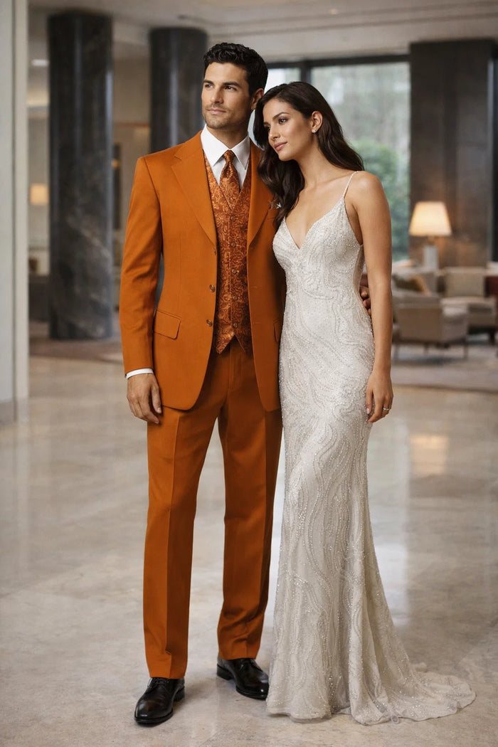 Mens Rust 3-Piece Fashion Suit  Notch Lapel with Paisley Vest, Tie and Pocket Square - Zoot Suit