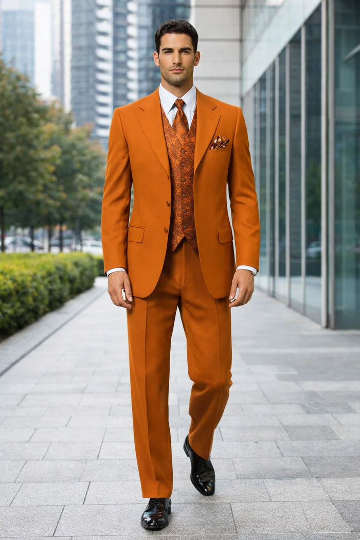 Mens Rust 3-Piece Fashion Suit  Notch Lapel with Paisley Vest, Tie and Pocket Square - Zoot Suit