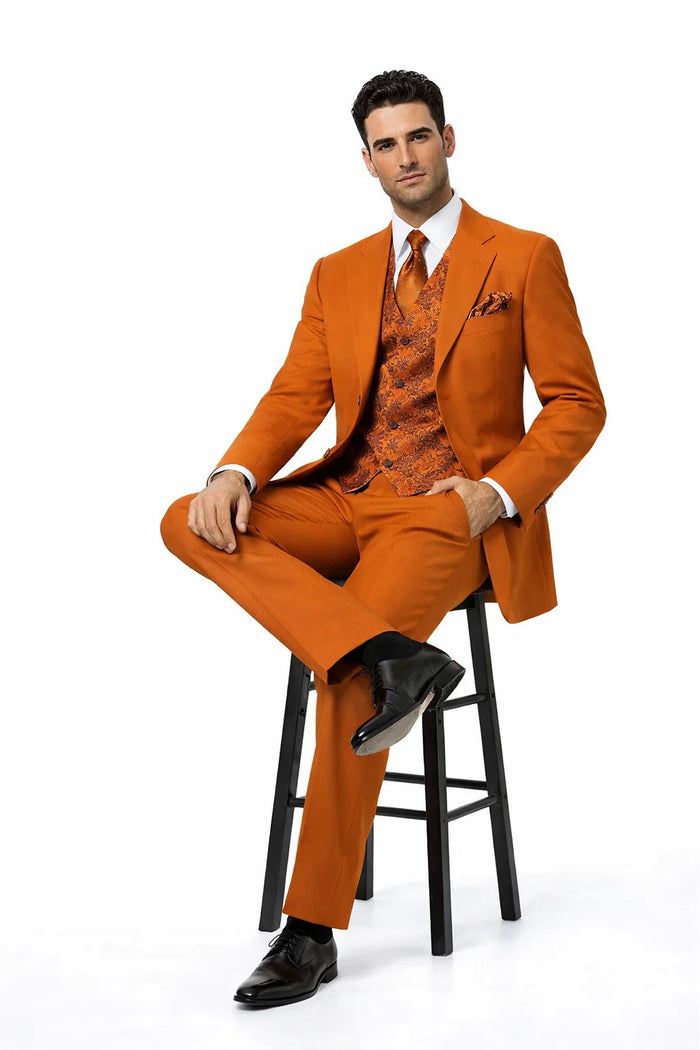 Mens Rust 3-Piece Fashion Suit  Notch Lapel with Paisley Vest, Tie and Pocket Square - Zoot Suit