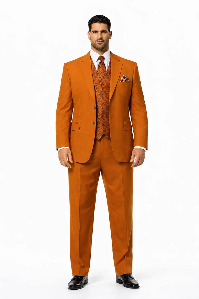 Mens Rust 3-Piece Fashion Suit  Notch Lapel with Paisley Vest, Tie and Pocket Square - Zoot Suit