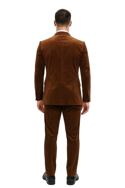 Mens Brown Velvet 2-Piece Suit  Luxury Slim Fit Formal Blazer and Pants Set in Rust Copper Color