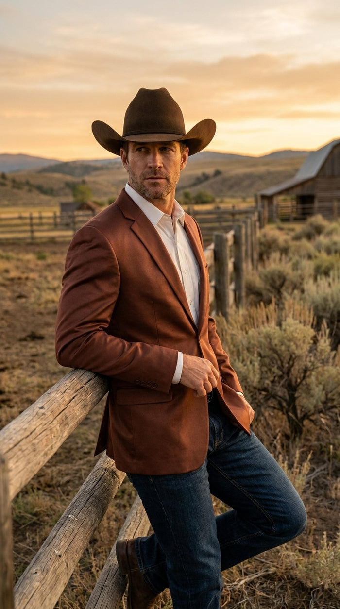 Mens Rust Light Brown Shiny Western Blazer – Cowboy Style Formal Sport Coat Jacket in Copper Color Slim Fitted