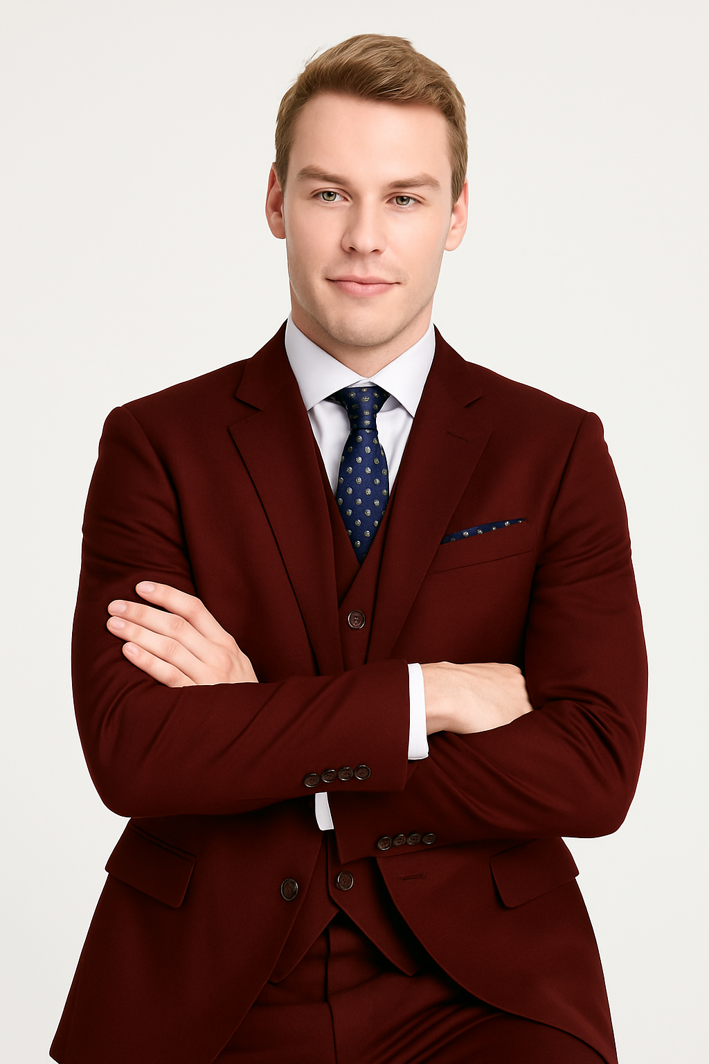 Mens Savvy Slim Vested Suit Burgundy