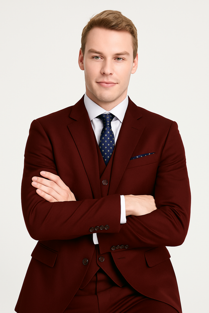 Mens Savvy Slim Vested Suit Burgundy