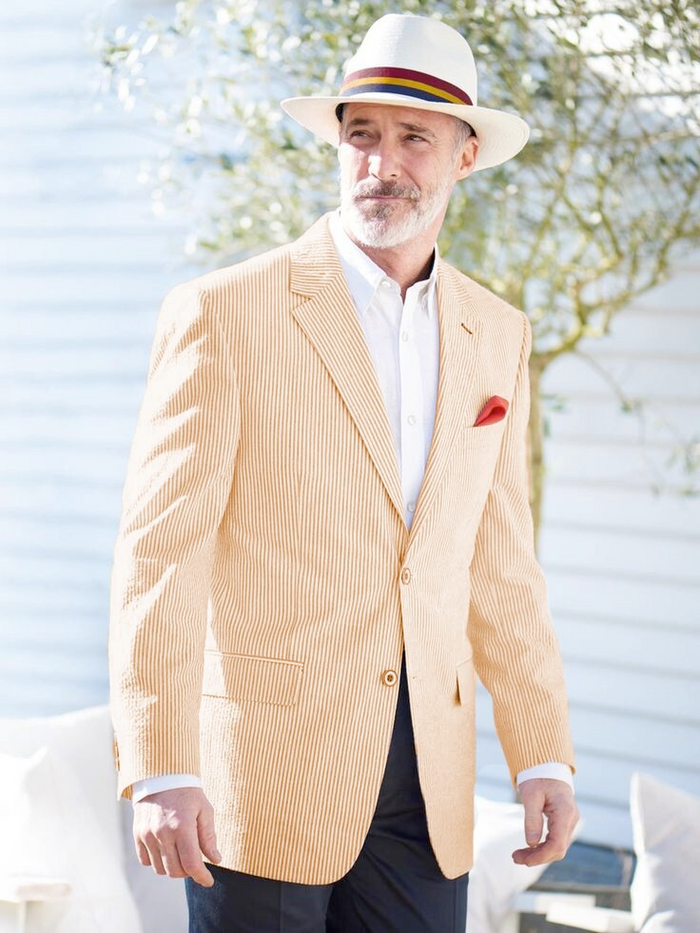 Men's Seersucker Blazer, Summer Fabric Casual Look Sportcoat Jacket 2 Button Notch Lapel Yellow for Men