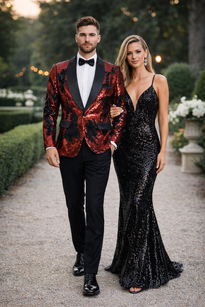 1 Button Reversible Sequin Blazer In Red and Black
