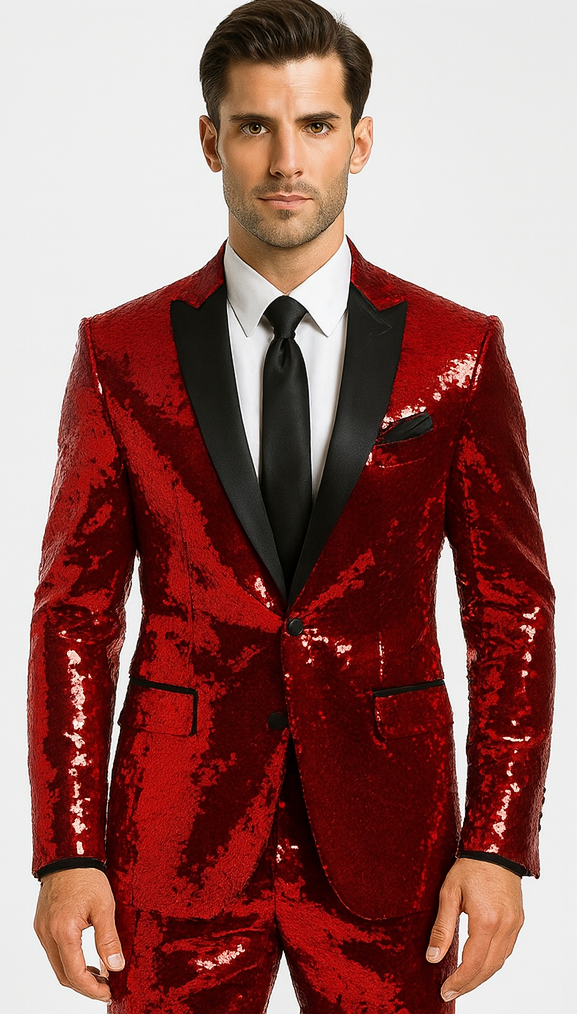Mens Sequin Suit - Red Tuxedo - Party Suits - Stage Suit