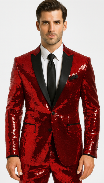 Mens Sequin Suit - Red Tuxedo - Party Suits - Stage Suit