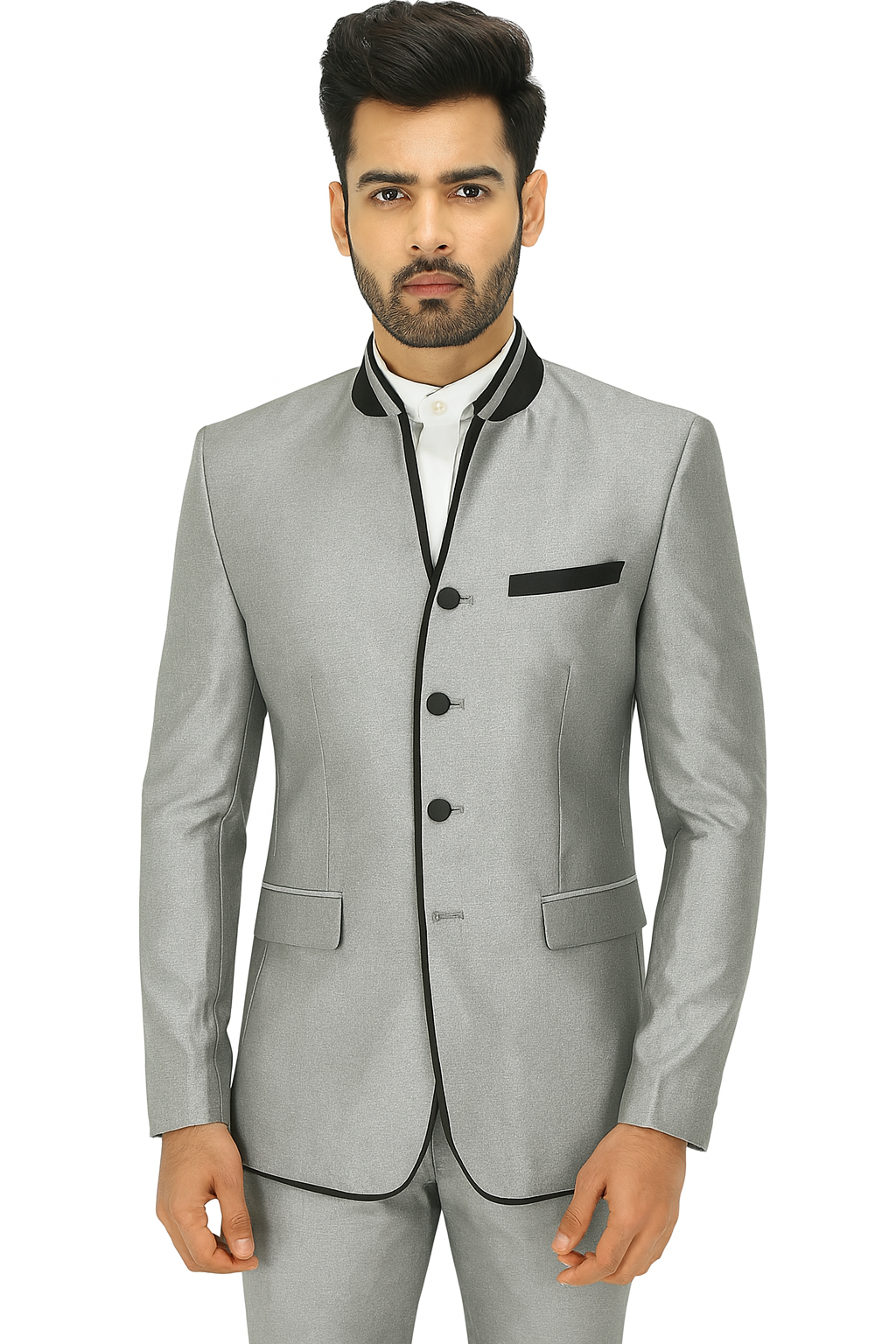 Mens 4 Button Mandarin Suit in Sharkskin Silver Grey with Black Trim