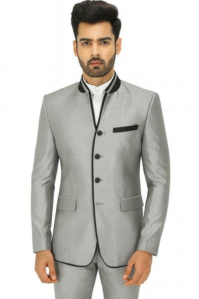 Mens 4 button Mandarin Tuxedo in Sharkskin Silver Grey with Black Trim
