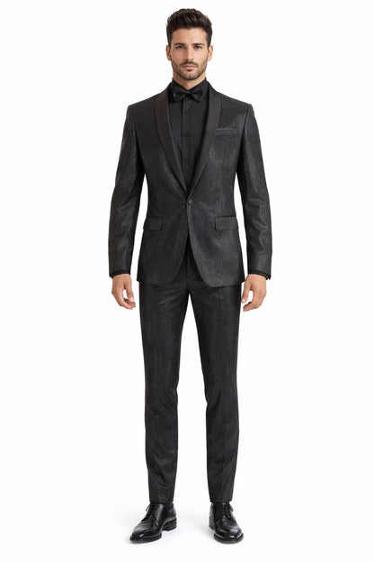 Mens Shiny Black Glitter Tuxedo with Satin Shawl Lapel  Ultra Slim Fit Sparkle Suit for Weddings, Proms & Formal Events