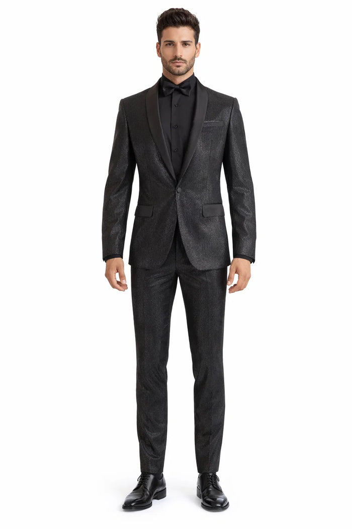 Mens Shiny Black Glitter Tuxedo with Satin Shawl Lapel  Ultra Slim Fit Sparkle Suit for Weddings, Proms & Formal Events