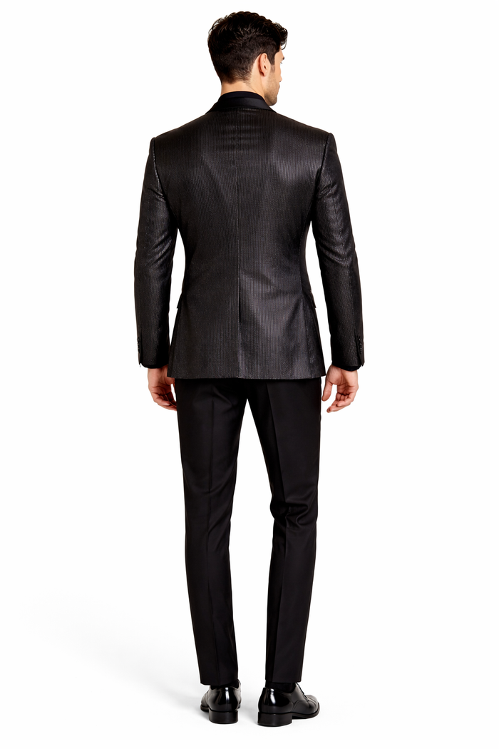 Mens Shiny Black Glitter Tuxedo with Satin Shawl Lapel  Ultra Slim Fit Sparkle Suit for Weddings, Proms & Formal Events