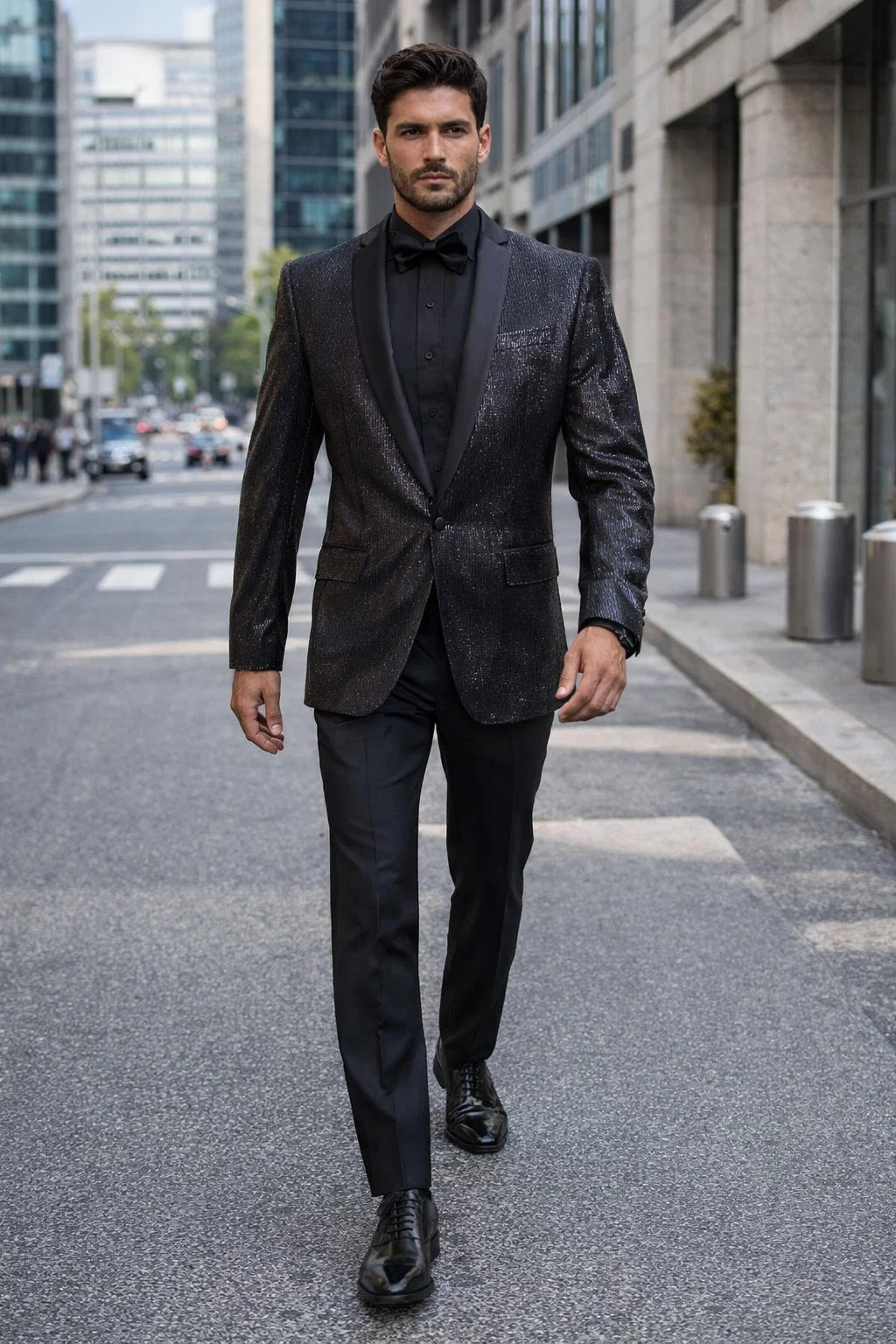 Mens Shiny Black Glitter Tuxedo with Satin Shawl Lapel  Ultra Slim Fit Sparkle Suit for Weddings, Proms & Formal Events