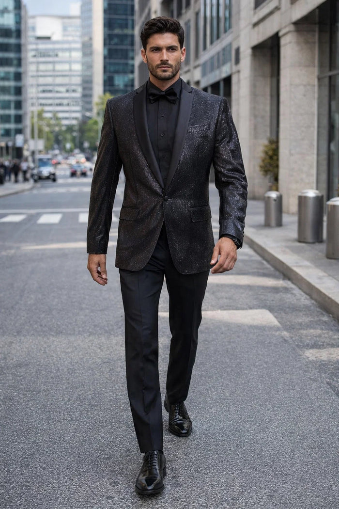 Mens Shiny Black Glitter Tuxedo with Satin Shawl Lapel  Ultra Slim Fit Sparkle Suit for Weddings, Proms & Formal Events