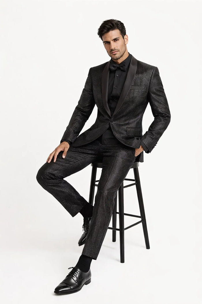 Mens Shiny Black Glitter Tuxedo with Satin Shawl Lapel  Ultra Slim Fit Sparkle Suit for Weddings, Proms & Formal Events