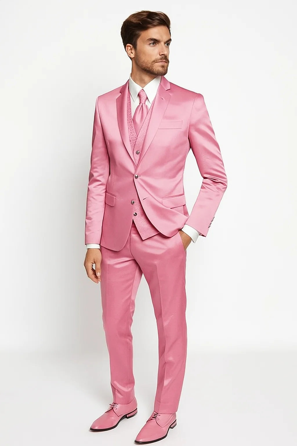 Mens Blush Shiny Blazer - Rose Gold  Sateen Vested Suit in Pink Color Jacket  Pants  Vest