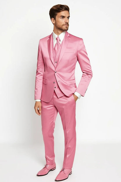 Mens Blush Shiny Blazer - Rose Gold  Sateen Vested Suit in Pink Color Jacket  Pants  Vest