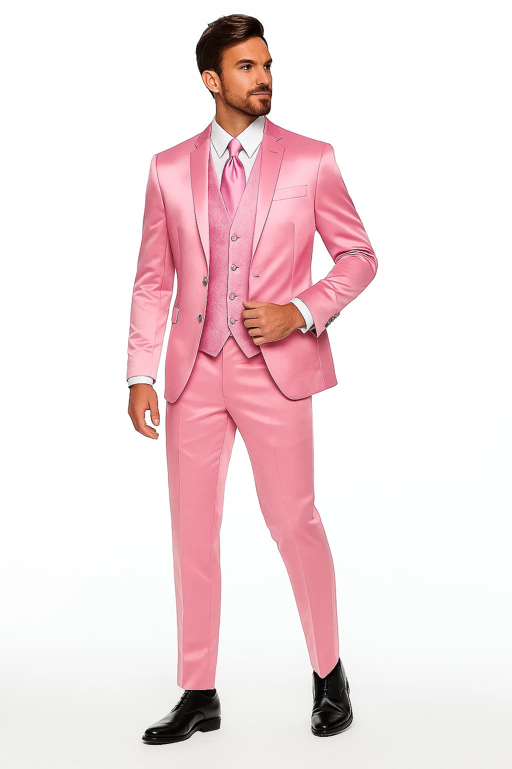 Mens Blush Shiny Blazer - Rose Gold  Sateen Vested Suit in Pink Color Jacket + Pants + Vest