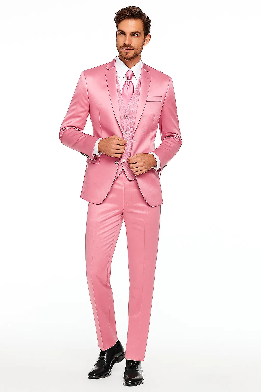 Mens Blush Shiny Blazer - Rose Gold  Sateen Vested Suit in Pink Color Jacket  Pants  Vest