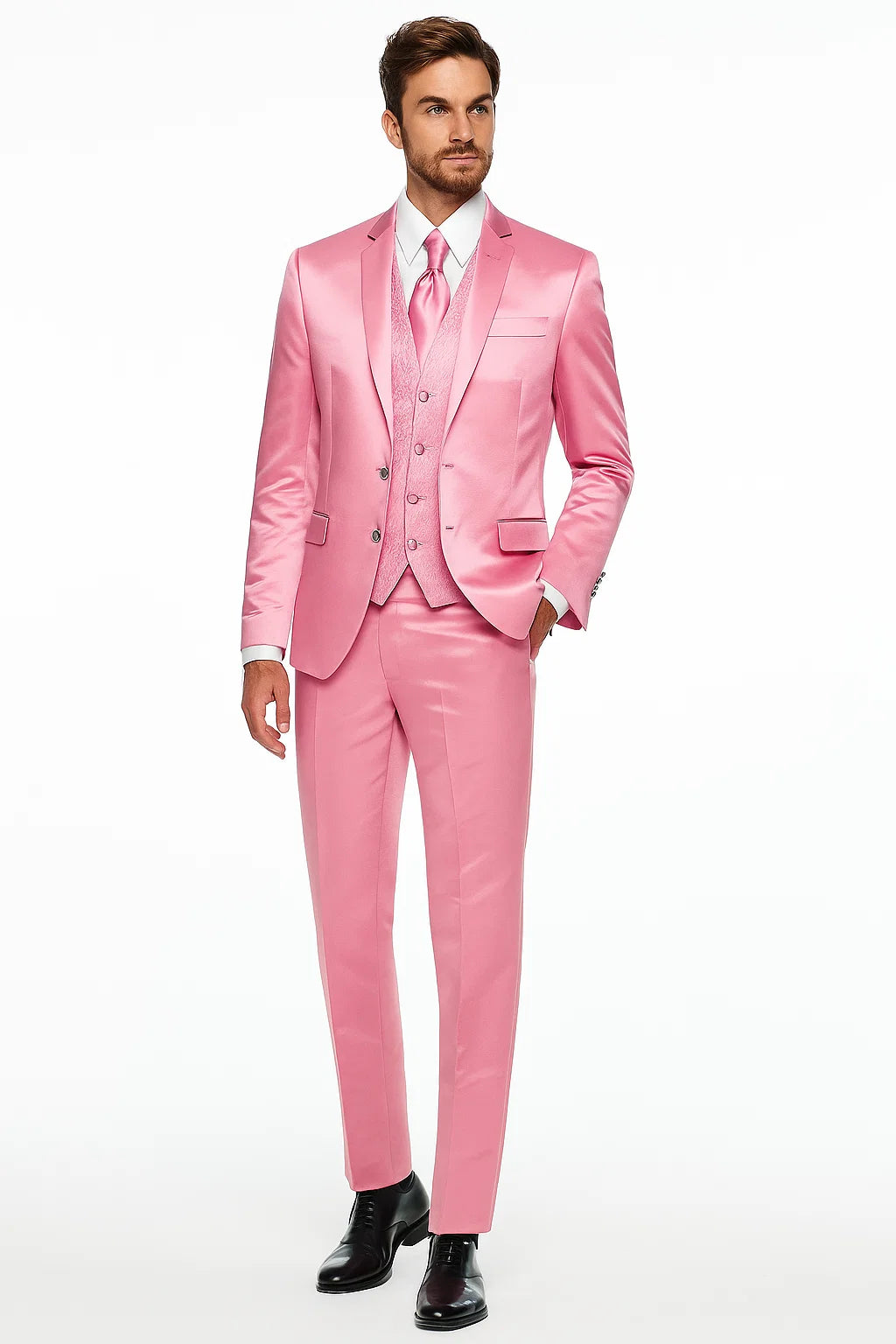 Mens Blush Shiny Blazer - Rose Gold  Sateen Vested Suit in Pink Color Jacket  Pants  Vest