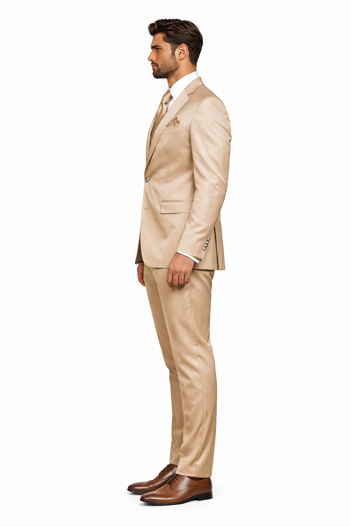 Mens Shiny Blazer + Pants + Vest Champaign Color - Tan Sateen Vested Suit