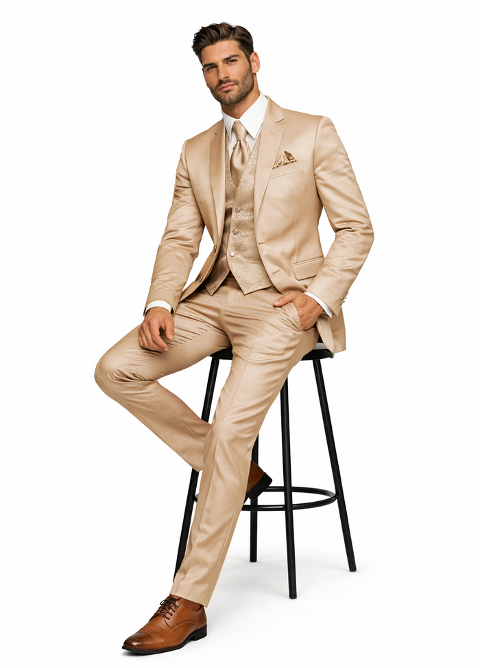Mens Shiny Blazer + Pants + Vest Champaign Color - Tan Sateen Vested Suit