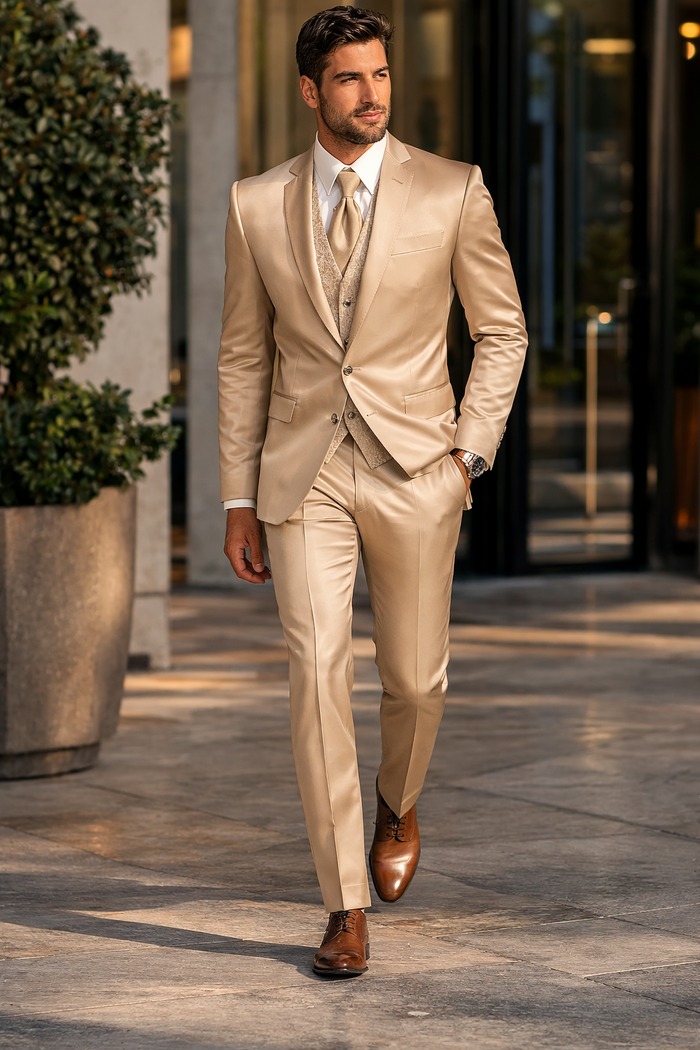 Mens Shiny Blazer + Pants + Vest Champaign Color - Tan Sateen Vested Suit