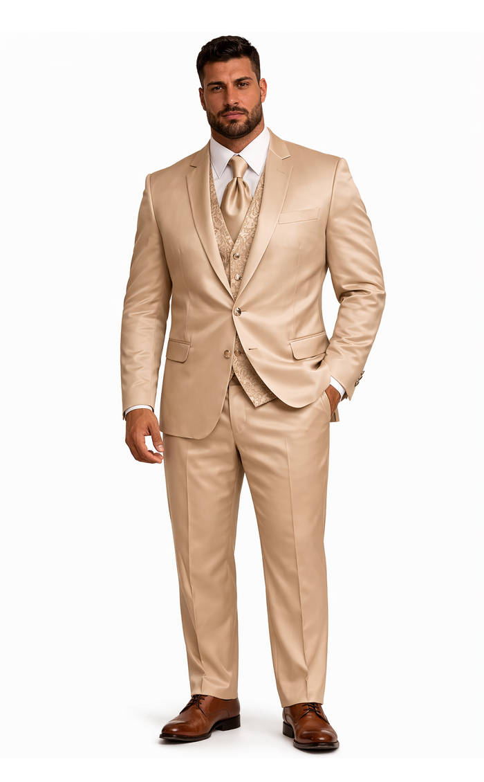 Mens Shiny Blazer + Pants + Vest Champaign Color - Tan Sateen Vested Suit