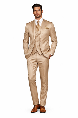 Mens Shiny Blazer + Pants + Vest Champaign Color - Tan Sateen Vested Suit