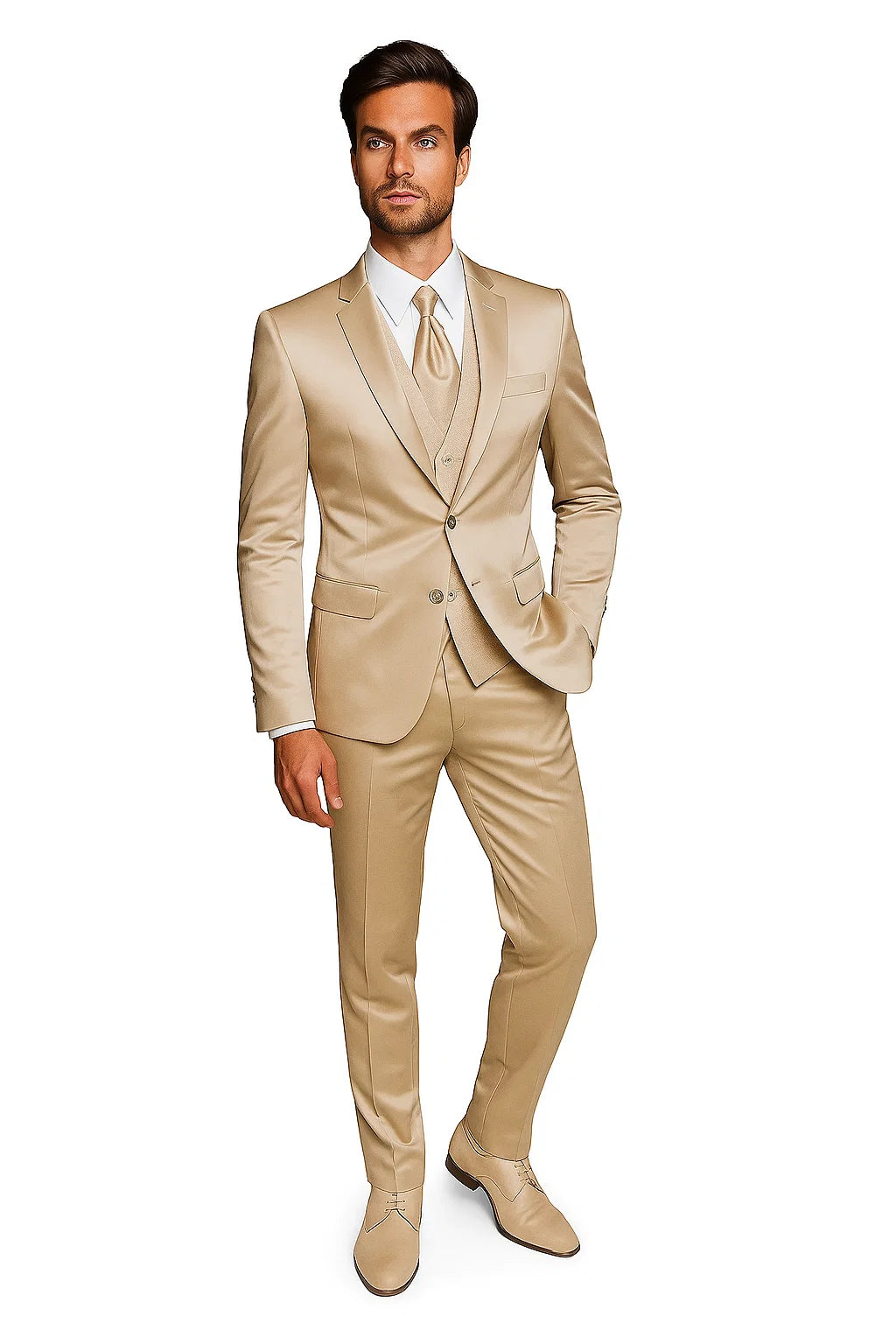 Mens Shiny Blazer - Tan Sateen Vested Suit