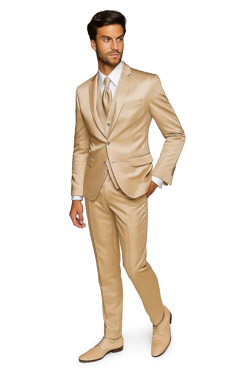 Mens Shiny Blazer - Tan Sateen Vested Suit