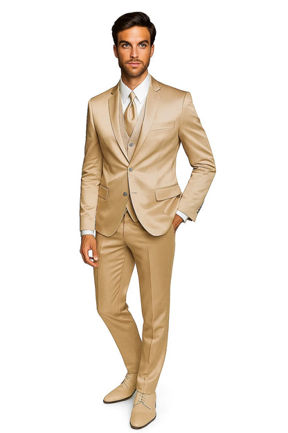 Mens Shiny Blazer - Tan Sateen Vested Suit
