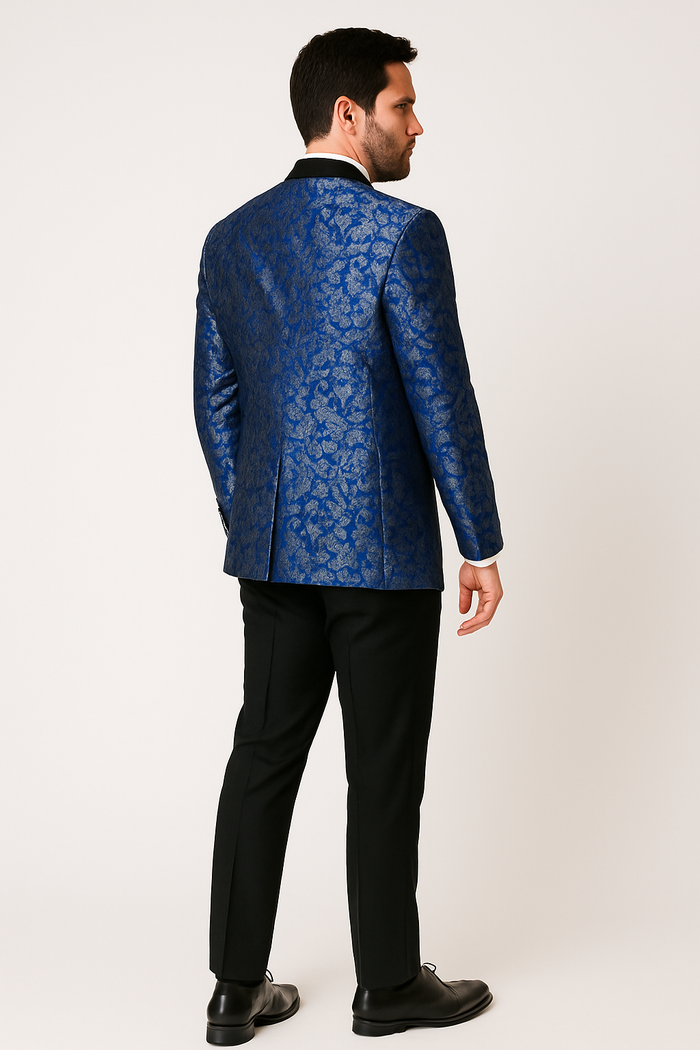 Mens Shiny Flower Pattern Paisley Tuxedo in Royal Blue