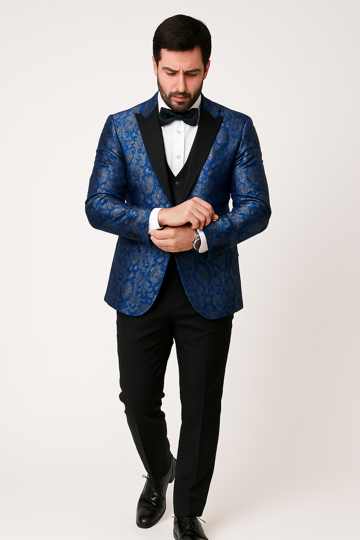 Mens Shiny Flower Pattern Paisley Tuxedo in Royal Blue
