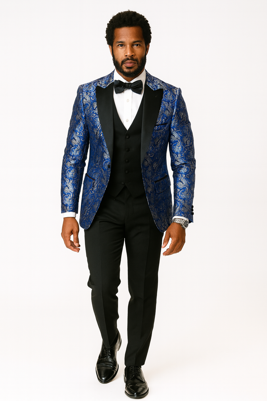 Mens Shiny Flower Pattern Paisley Tuxedo in Royal Blue