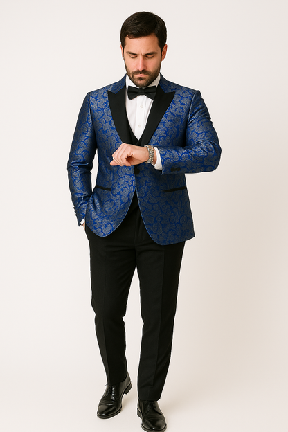 Mens Shiny Flower Pattern Paisley Tuxedo in Royal Blue