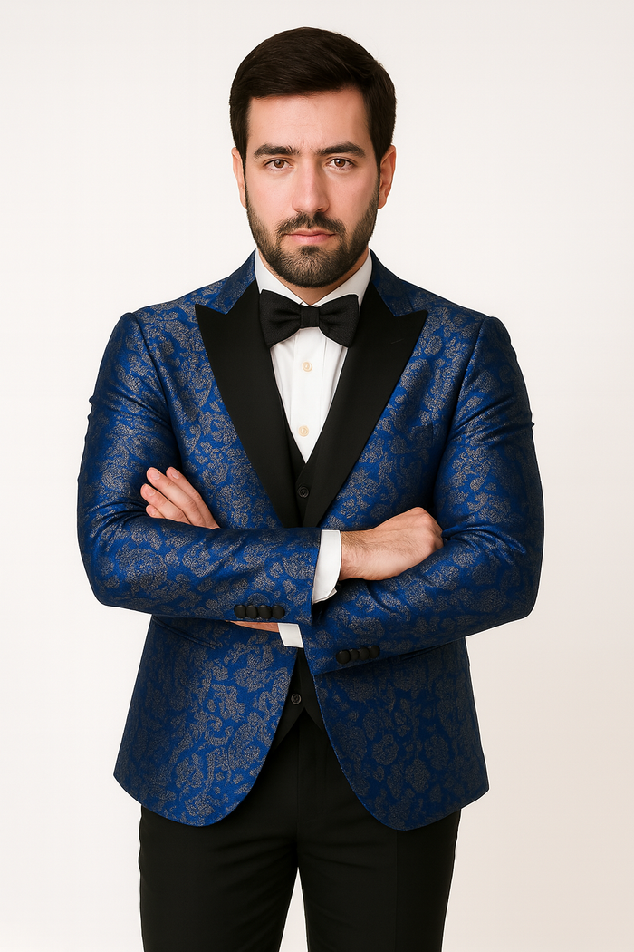 Mens Shiny Flower Pattern Paisley Tuxedo in Royal Blue