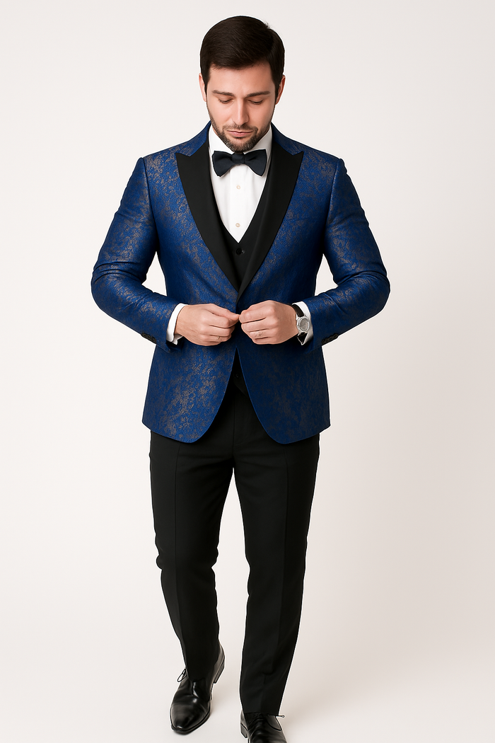 Mens Shiny Flower Pattern Paisley Tuxedo in Royal Blue