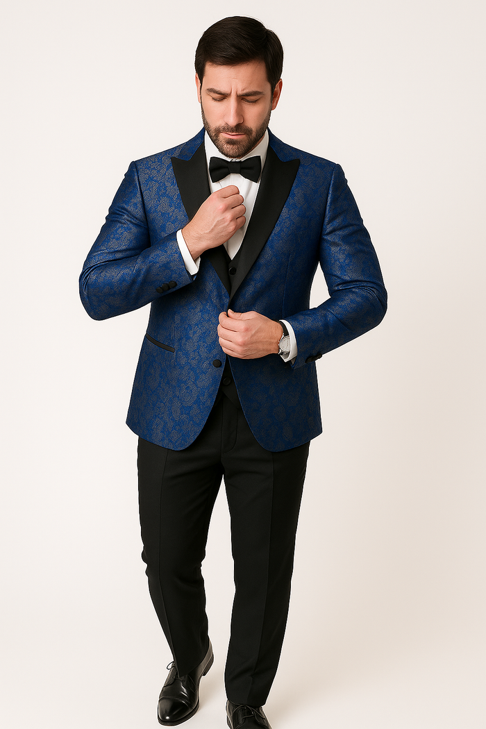 Mens Shiny Flower Pattern Paisley Tuxedo in Royal Blue
