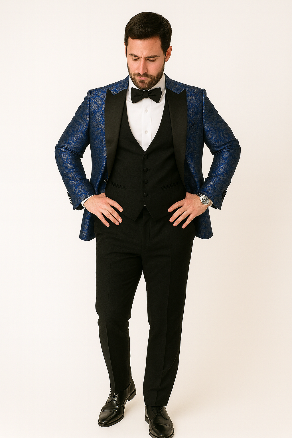 Mens Shiny Flower Pattern Paisley Tuxedo in Royal Blue