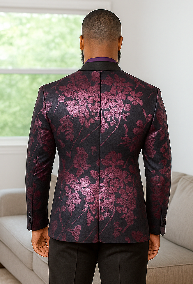 Men's Shiny Foil Floral Paisley Prom & Wedding Tuxedo Jacket in Purple Lavender