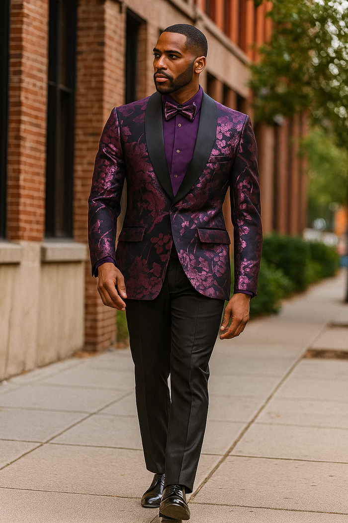 Men's Shiny Foil Floral Paisley Prom & Wedding Tuxedo Jacket in Purple Lavender