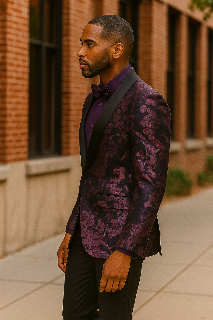 Men's Shiny Foil Floral Paisley Prom & Wedding Tuxedo Jacket in Purple Lavender