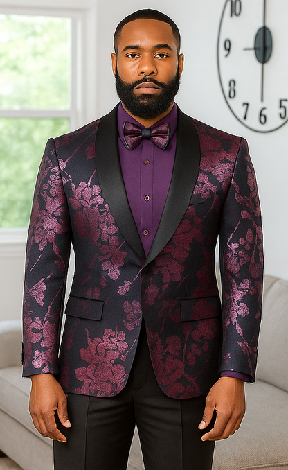 Men's Shiny Foil Floral Paisley Prom & Wedding Tuxedo Jacket in Purple Lavender