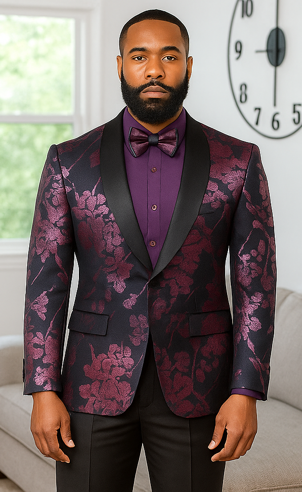 Men's Shiny Foil Floral Paisley Prom & Wedding Tuxedo Jacket in Purple Lavender