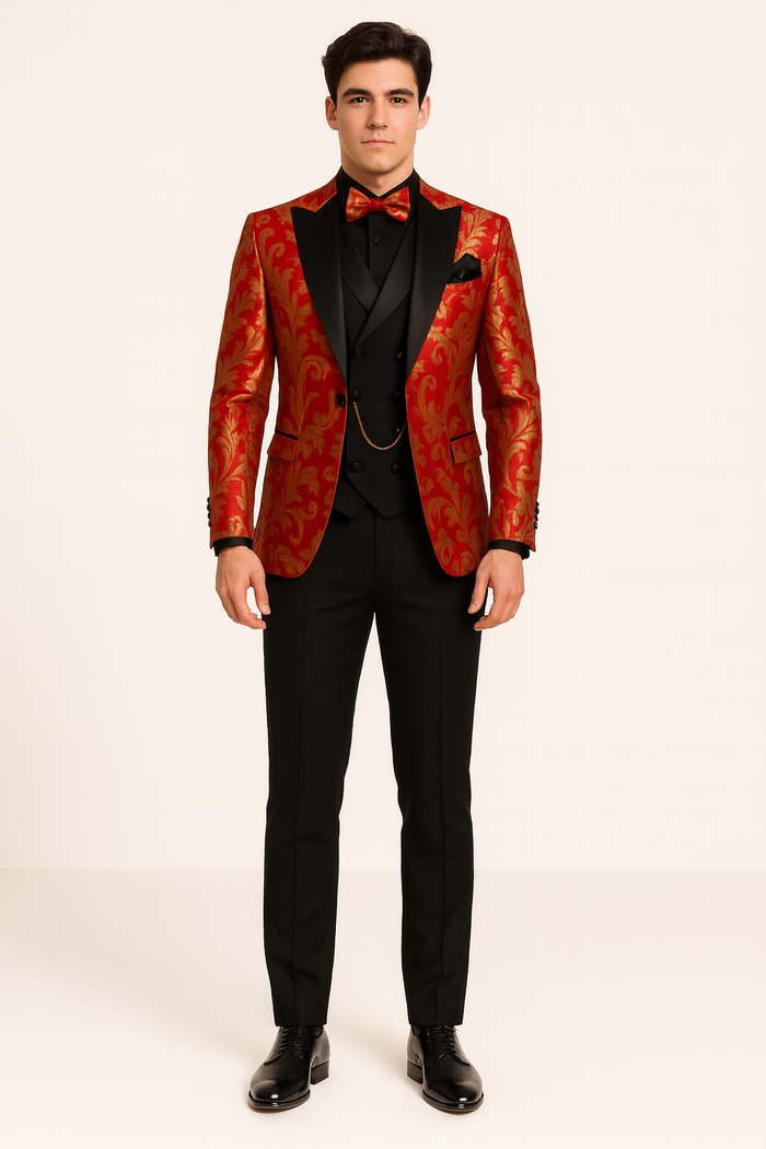 Mens Shiny Paisley Vested Wedding and Prom Tuxedo in Red and Gold