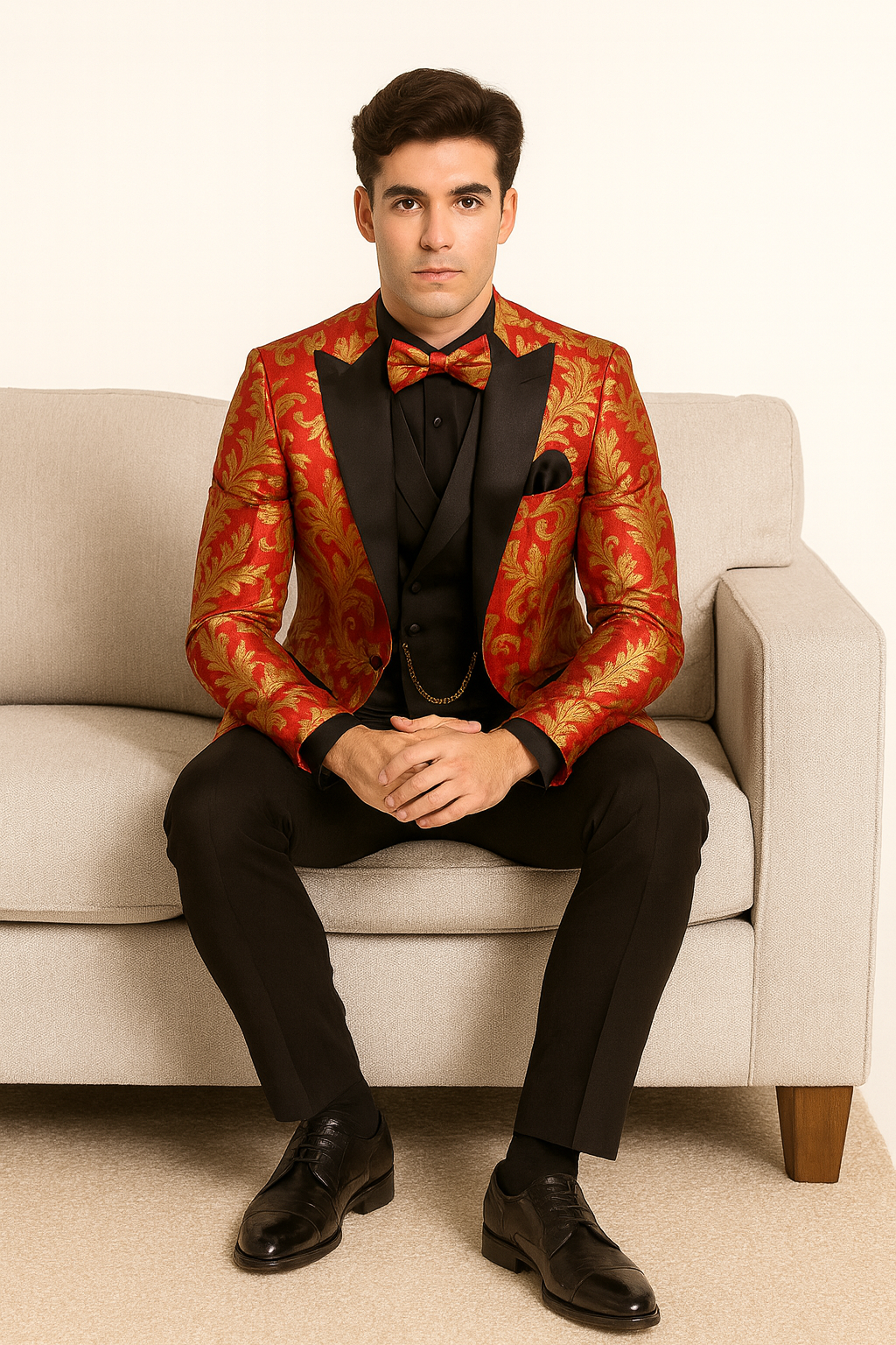 Mens Shiny Paisley Vested Wedding and Prom Tuxedo in Red and Gold