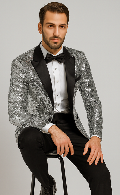 Sparkling Silver Sequin Mens Tuxedo  Party & Wedding Blazer