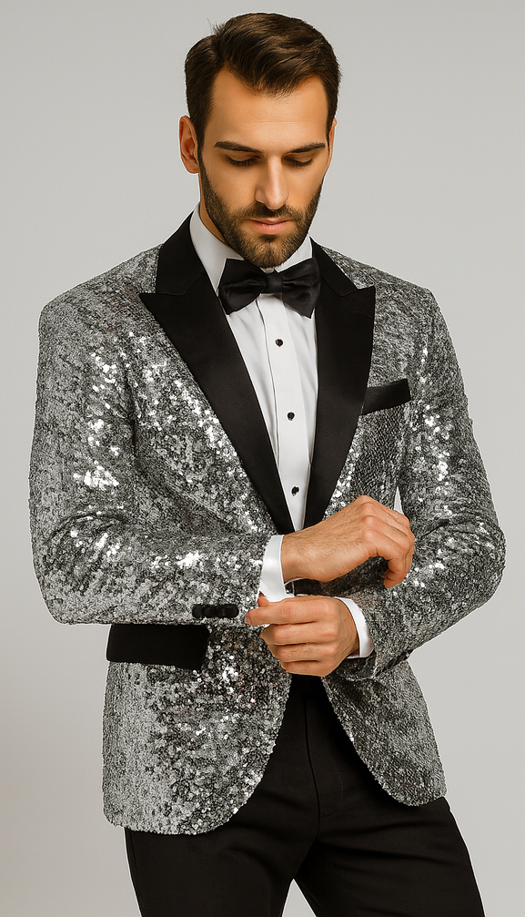 Sparkling Silver Sequin Mens Tuxedo  Party & Wedding Blazer